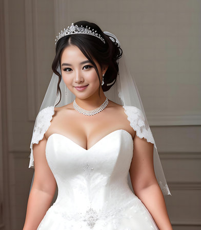 Beautiful asian bride in white wedding dress posing in the roomの素材