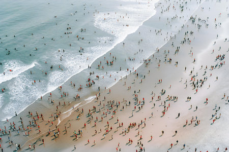 Aerial view of people walking on the beach at Nazare, Portugalの素材