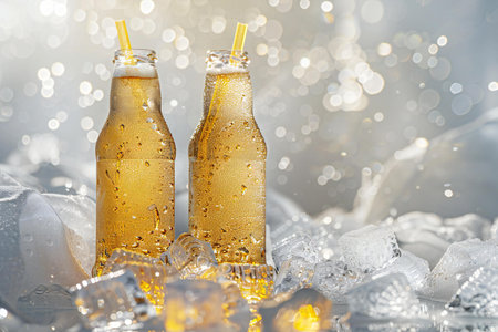 Two bottles of cold beer with ice cubes on bokeh backgroundの素材