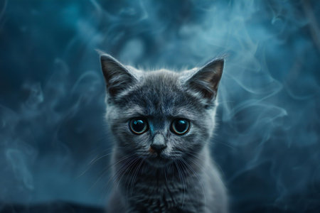 Portrait of a blue british shorthair kitten with smokeの素材