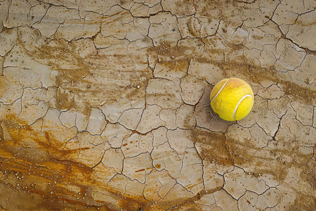 Tennis ball on cracked earth background. Top view with copy spaceの素材