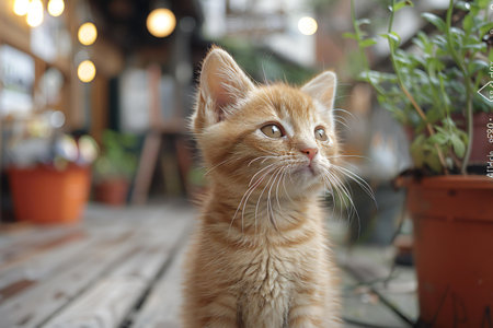 Cute ginger kitten sitting on the wooden floor and looking up.の素材