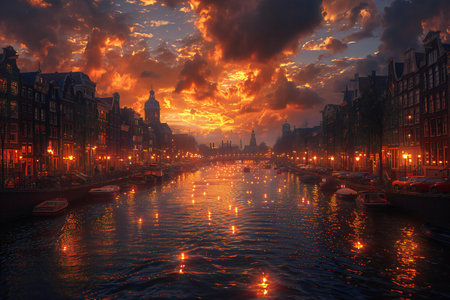 Beautiful sunset over the canals of Amsterdam, Holland, Netherlandsの素材
