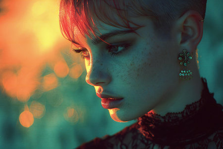 Portrait of a beautiful young woman with red hair and evening makeupの素材