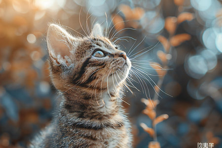 Cute cat sitting on the grass and looking up in the sunsetの素材