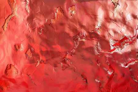 Abstract red background with cracks and holes in the surface of the oilの素材