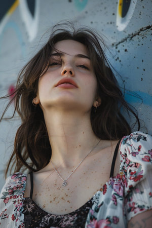 Portrait of a beautiful girl with long brown hair in a floral dressの素材