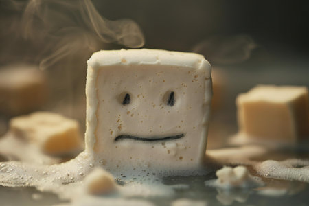 Funny face made of sugar cubes on blurred background, closeupの素材