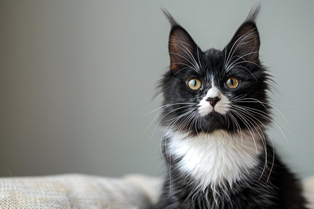 Depicting a  black and white cat sitting in front of a white backgroundの素材