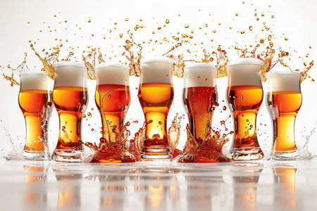 Digital artwork of beer glasses are set in motion on a white backgroundの素材