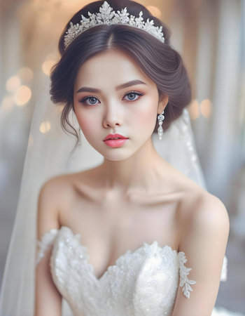 Angelic bride in charming wedding outfit, high quality portrait, isolated on a backgroundの素材
