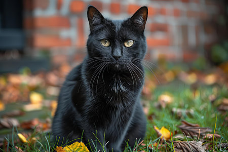 Black cat looking at the camera and sitting in close proximityの素材