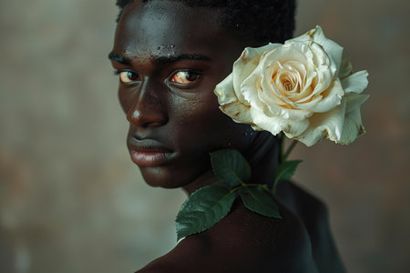 Featuring a the cover of the black man with white rose on his shoulderの素材