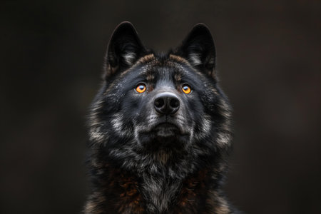 Featuring a  black wolf looks up at the camera with yellow eyesの素材