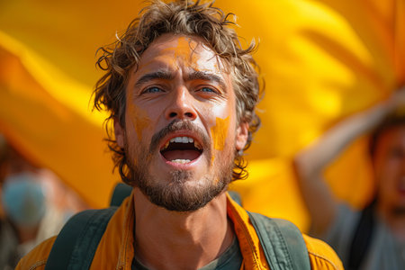 Male protesting man against a yellow background.の素材