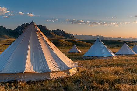 A photo of white glamping tents in the grassland at sunset, with a sky blue color scheme, featuring a minimalist design and high quality captured with a wide angle lens to capture the panoramic view. the golden hour light illuminates the tents with warm colors as distant mountains provide a peacefulの素材