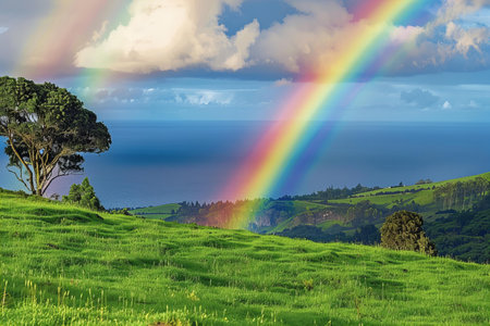 Rainbow over the volcano on isla de minimal, azores islands landscape, green grass field with trees, blue sky with clouds, beautiful natural scenery, summer season, natural light,の素材