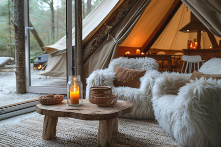 Close up detail of the interior of an open air bell tent, cozy and contemporary bohemian style decoration with natural light, a small wooden table in front has some wicker decorations, there is a glass jar holding burning candles, fluffy white armchairs around the tables and a luxurious beige carpetの素材