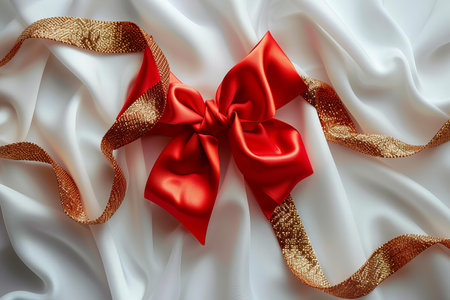 Digital image of red golden ribbon on white background with a red bow on itの素材