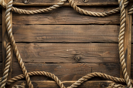 Depicting a old wooden background with ropes on the sides, top view. space for text. the concept of sea travel and nautical themed design. vintage style, rustic wood texture, rope elements. top down perspective. high resolution photographyの素材