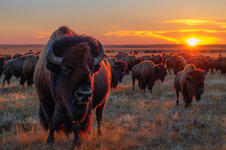 Sunset over a herd of bison, high quality, high resolutionの素材