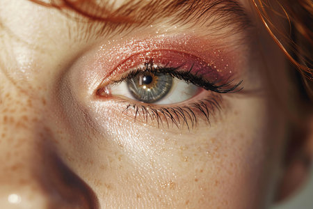 Depicting a close up of a woman's eye showing a pink makeup, high quality, high resolutionの素材