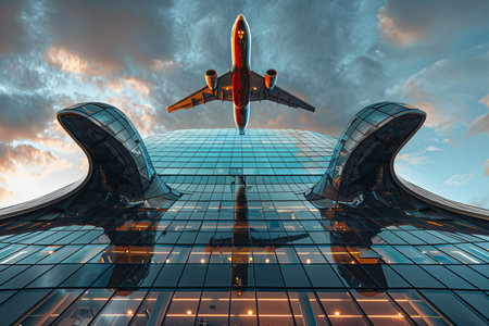 Passenger jet flying in sky above the building with windowsの素材