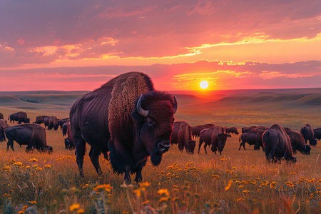 Digital artwork of sunset over a herd of bison, high quality, high resolutionの素材