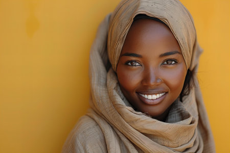 Digital artwork of  portrait of an african american woman wearing a hijab, smiling and looking at the camera against a yellow background. she is dressed in modest with her head covered by a scarf. the studio lighting creates a warm atmosphere that highlights details on her face such as teeth or eyesの素材