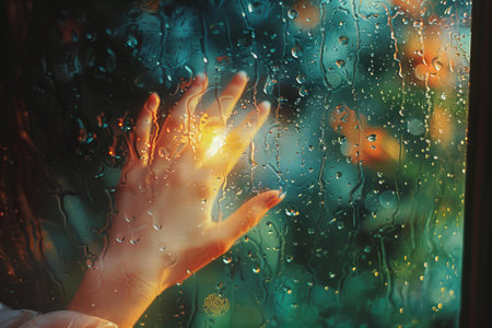 Person's hand reaching out to see her reflection through a windowの素材