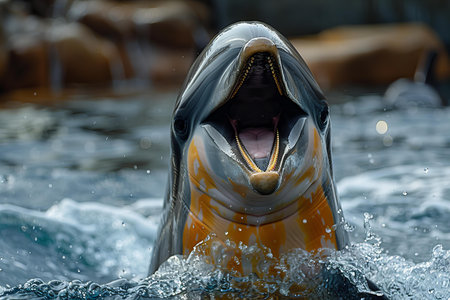 A dolphin with an open mouth floating in the water, smiling at the cameraの素材