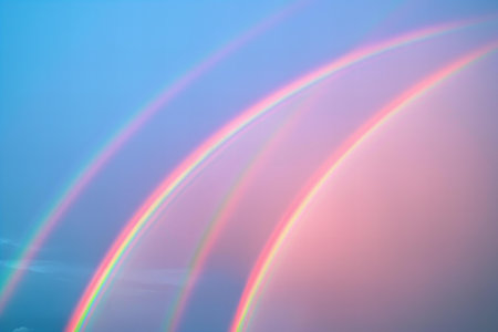 Illustration of  double rainbow arches across the sky, with one end at the left and another on the right, against a pastel blue background. the rainbow's colors include shades of pink, purple, yellow, orange, and green, creating an enchanting scene. captured in high resolution using a canon eos r caの素材