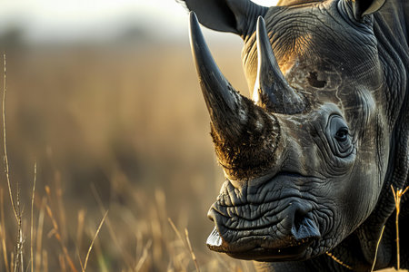 Black"spersed" rhino in the serengeti, closeup, national geographic photo style,の素材