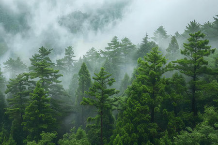 Digital artwork of  dense forest shrouded in mist, with tall trees and lush green foliage. the air is filled with the scent of pine and cypress as fog hovers over each tree's crown, creating an ethereal atmosphere that evokes peace and tranquilityの素材