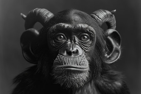 A photo of an ape with horns on a black backgroundの素材