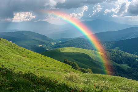 A rainbow over the green hills and valley in the carpathian mountains, hyper realistic photographyの素材