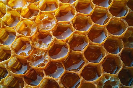 Depicting a closeup of honeycomb texture, showcasing the intricate patterns and rich colors of natural beeswax hexagons in an organic composition. full depth of field in focus, kodak portra film grain, leica, ultra realistic and hyper detailedの素材