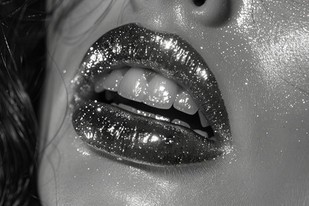 Depicting a close up of a woman's mouth with silver glitter teeth, in black and white photography with high contrast and low light.の素材