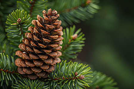 A closeup of the branch and cone of an evergreen tree, with detailed focus on its green needles and brown core. the background is blurred to highlight the pine needle details.の素材
