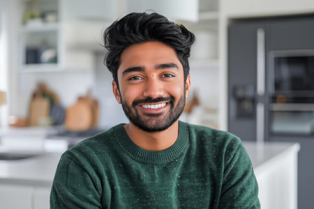 A handsome man with black hair and a beard, wearing a green sweater smiling at the camera in his modern white kitchen. the portrait photography was doneの素材
