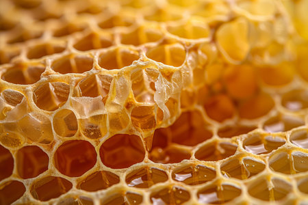 A close-up shot of the texture inside an empty honeycomb, showcasing its intricate patterns and rich colors. the background is a soft yellow to capture attention, creating a visually appealing composition that highlights the beauty within each cell. this detailed view emphasizes the unique characterの素材