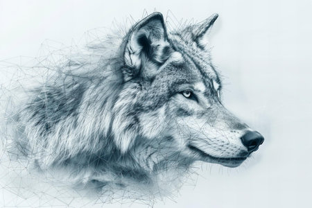 Digital artwork of wolf with head in abstract pattern line drawing artの素材