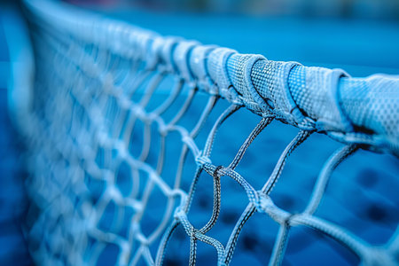 Featuring a close up of the net on an outdoor tennis court, detailed shot, macro photography, depth of field focus, close up, blue background, photorealistic, product photographyの素材