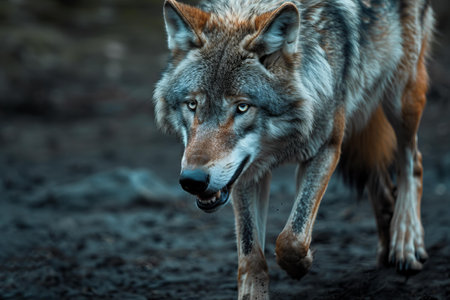 A gray wolf with his mouth open is walking on dark groundの素材