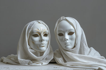 Two white plastic drama masks, one mask is for men and the other cloak woman, they sit on table in front of grey background, photographyの素材