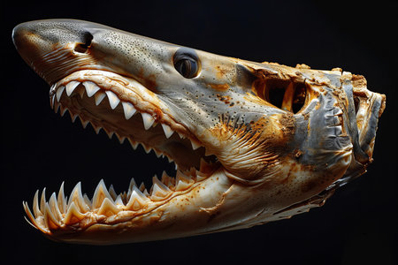 A photograph of the jaw and teeth from an adult shark, on black backgroundの素材