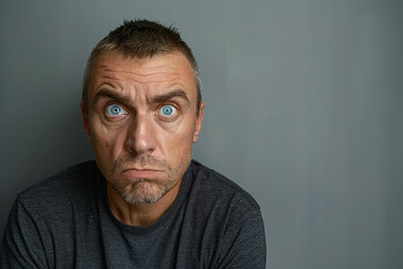 A portrait of an adult man with short hair and blue eyes looking at the camera, making a grimace face on a gray background. a man in a dark shirt posing alone over a gray wall in a studio room.の素材