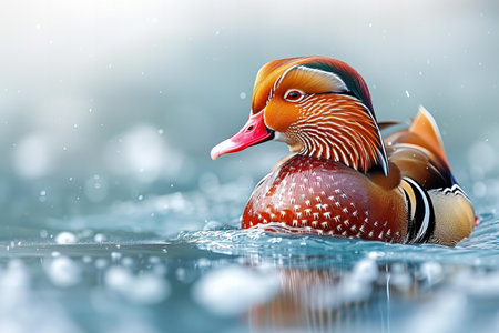 A majestic mandarin duck, with its vibrant plumage and distinctive red beak floating gracefully on the water's surface. focus stacking photographyの素材