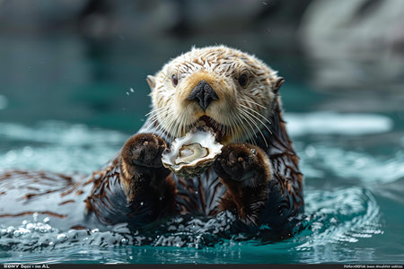 Digital artwork of  sea otter with its head above the water surface, holding an oyster in its mouth and swimming on blue ocean waters near al accelerator.の素材