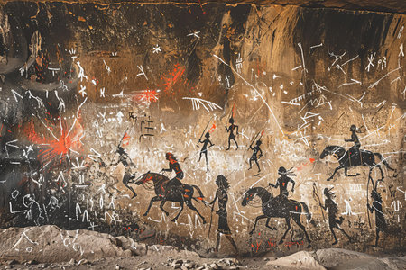 In the ancient cave paintings of camp pumintÃ©, several figures on horseback and one with red paint face each other in combat. the background is dark brown rock with white lines depicting people hunting animals. in some parts there's an orange light that highlights details. thereâs also white graffitの素材